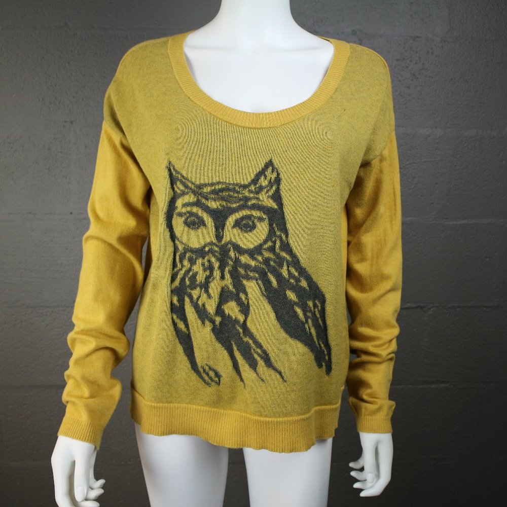 Kensie Knit Sweater Large Long Sleeves Owl Mustard Yellow Elbow Patches